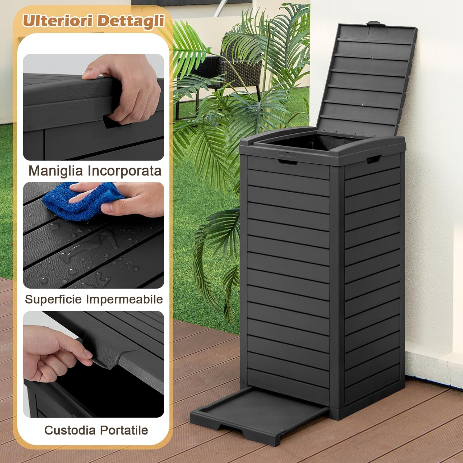 Pattumiera per Rifiuti Esterno e Interno 117,5 L, Contenitore per Raccolta Differenziata Impermeabile con Coperchio a Doppia Chiusura e Vassoio Estraibile per Liquidi (Nero)