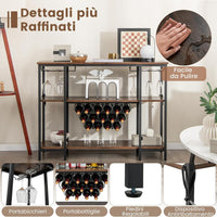 Mobile Bar Vino, Portabottiglie Industriale con 3 Ripiani, Porta Calici, Porte USB e Prese, Mobile Portabottiglie di Vino con Struttura in Metallo, 113 x 35 x 85 cm (Marrone)