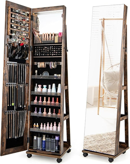 Armadio Portagioie con Ruote, Armadietto Portagioielli con Specchio a Luci 3 Colori, Specchio Portagioie con Ripiani Regolabili, Organizzatore Gioielli con Chiavi, 40 x 38 x 163 cm (Caffè)