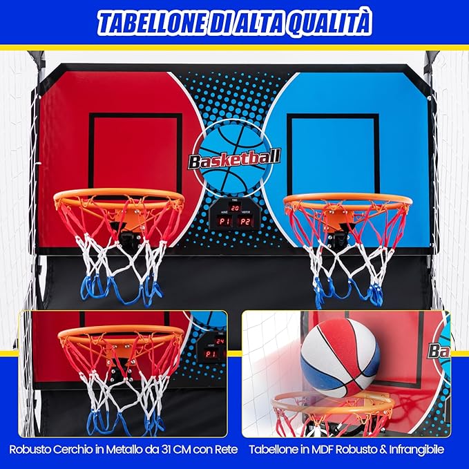 Macchina da Pallacanestro Elettronica Pieghevole, Gioco Arcade da Basket a Doppio Tiro per Casa con 8 Modalità di Gioco, Suono Arcade, Punteggio Elettronico, 4 Palloni e Pompa (Blu e rosso)