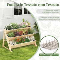 Letto Rialzato da Giardino a 3 Livelli, Fioriera Verticale in Legno con Ripiano, 2 Ganci e 3 Fodere per Letti, Aiuola Rialzata per Patio, Balcone, Naturale
