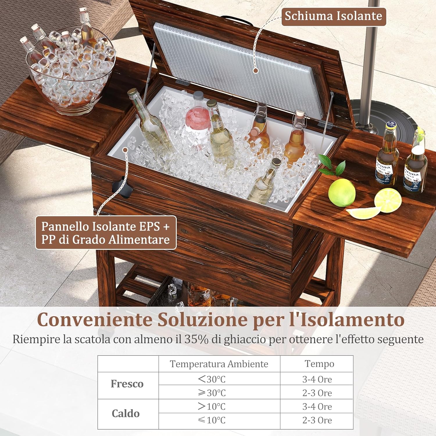 Carrello Porta Ghiaccio in Legno, Carrello Refrigerante per Bevande da 51 L con Ripiani, Ruote Universali Bloccabili e Apribottiglie, Frigorifero Portavivande per Feste, Piscina e Terrazza