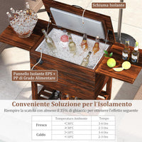 Carrello Porta Ghiaccio in Legno, Carrello Refrigerante per Bevande da 51 L con Ripiani, Ruote Universali Bloccabili e Apribottiglie, Frigorifero Portavivande per Feste, Piscina e Terrazza