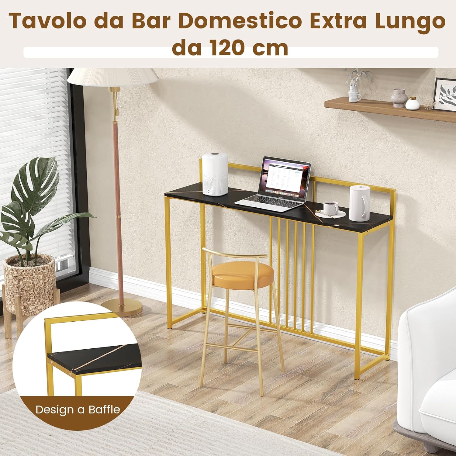Tavolo Consolle 120 cm, Tavolo d’Ingresso con Piano Effetto Marmorino e Sponda, Consolle con Struttura in Metallo Dorato per Salotto, Corridoio e Ingresso (Nero)