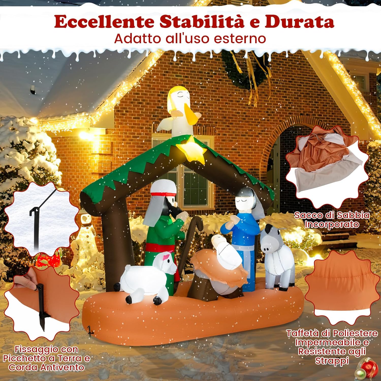Presepe di Natale Gonfiabile da 180 cm, Decorazione Natalizia Gonfiabile Scena della Natività, con Luci LED Incorporate, per Interni e Esterni