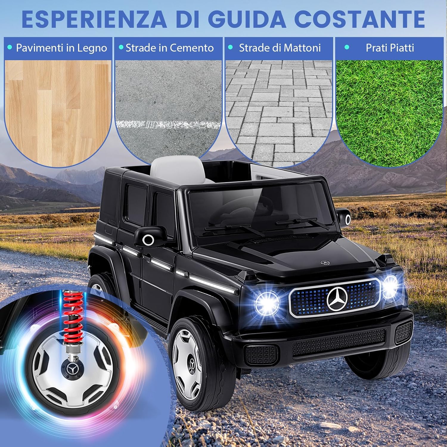 Benz Auto Cavalcabile per Bambini, Veicolo Elettrico 4WD con Telecomando Luci Musica e Clacson, Sospensione a Molla, 3-5 KM/H, per 37-96 Mesi (Nero)