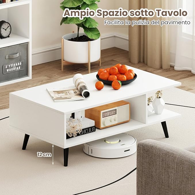 Tavolino da Caffè a 2 Livelli, Tavolino Moderno con Gambe in Metallo e Ripiano, Tavolo Centrale Rettangolare per Soggiorno, Studio e Ufficio (Bianco)