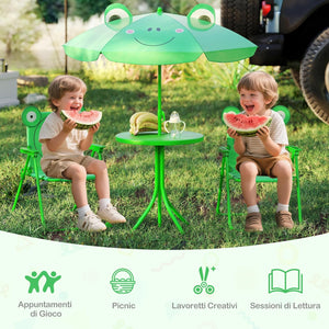 Set Tavolo da Giardino Bambini con 2 Sedie Pieghevoli, Tavolino da Esterno con Ombrellone in Poliestere Regolabile in Altezza, Set Mobili da Giardino per Bambini 3-6 Anni (Rana, Verde)