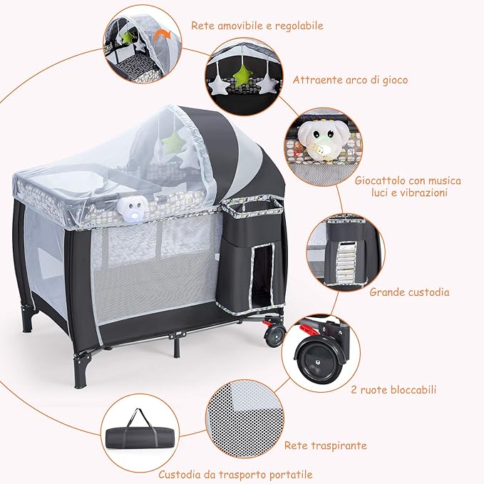 Lettino Culla da Viaggio per Neonati e Bambini, Box Portatile Pieghevole, con Materassino Ruote e Borsa, Nero