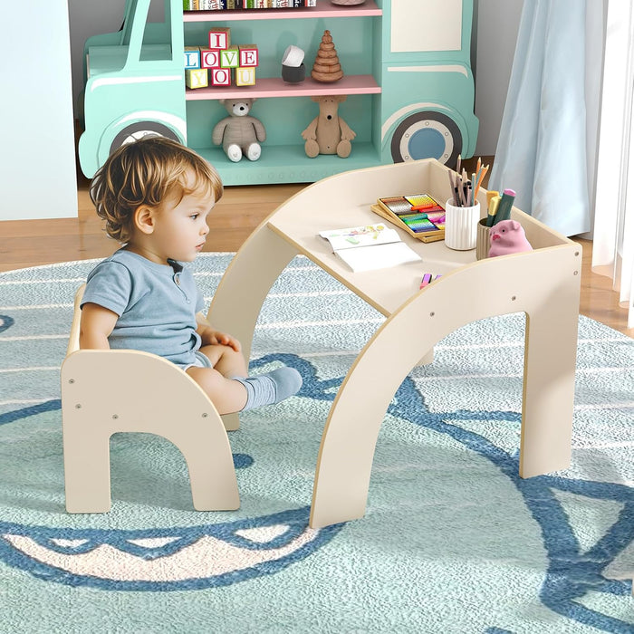 Set Tavolo e Sedie per Bambini 3+ Anni, Tavolino Legno con Sedie per Cameretta con Bordo Curvato e Ampio Piano, Mobile Salvaspazio per Camera da Letto, Soggiorno e Asilo (Bianco)