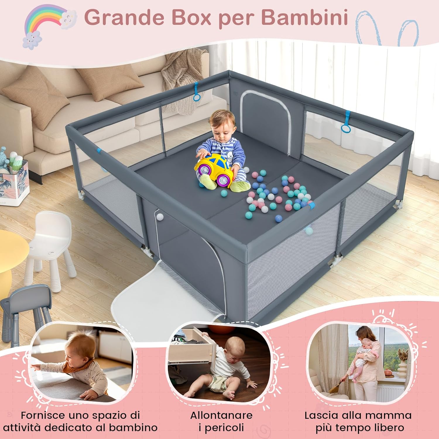 Recinto per Bambini, Box per Bambini con Rete Traspirante, Centro Attività per Bambini con 50 Palline, Box Giochi per Bambini 0-3 Anni (Grigio, 200 x 180 cm)