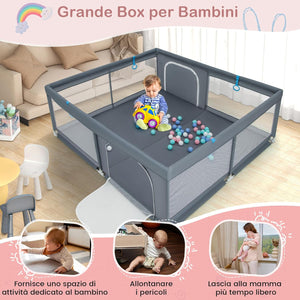 Recinto per Bambini, Box per Bambini con Rete Traspirante, Centro Attività per Bambini con 50 Palline, Box Giochi per Bambini 0-3 Anni (Grigio, 200 x 180 cm)
