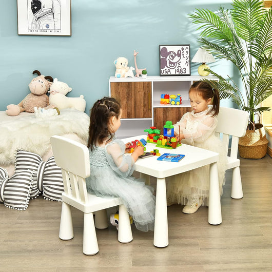 Set Tavolo e Sedie per Bambini 1-7 Anni, 2 Sedie Ergonomiche con Schienale, Materiale PP Atossico e Inodore, Angoli Arrotondati, Adatto per Giocare, Disegnare e Leggere, Portata 50kg (Bianco)