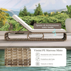 Lettino Prendisole Relax, Sedia in Rattan PE con Schienale Regolabile a 7 Posizioni, Cuscino Morbido e Spazio di Stoccaggio, Sedia a Sdraio per Piscina, Giardino e Cortile, Portata 180 kg