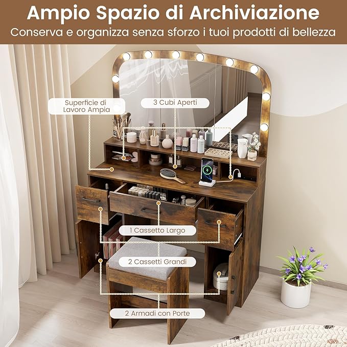 Toeletta da Trucco con 10 Luci, Set Tavolo e Sgabello da Trucco con Stazione di Ricarica, 3 Colori di Luce, 3 Cassetti, 2 Armadietti, Consolle Toeletta per Soggiorno Camera da Letto (Caffè)