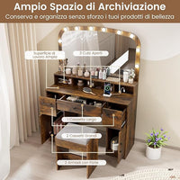 Toeletta da Trucco con 10 Luci, Set Tavolo e Sgabello da Trucco con Stazione di Ricarica, 3 Colori di Luce, 3 Cassetti, 2 Armadietti, Consolle Toeletta per Soggiorno Camera da Letto (Caffè)