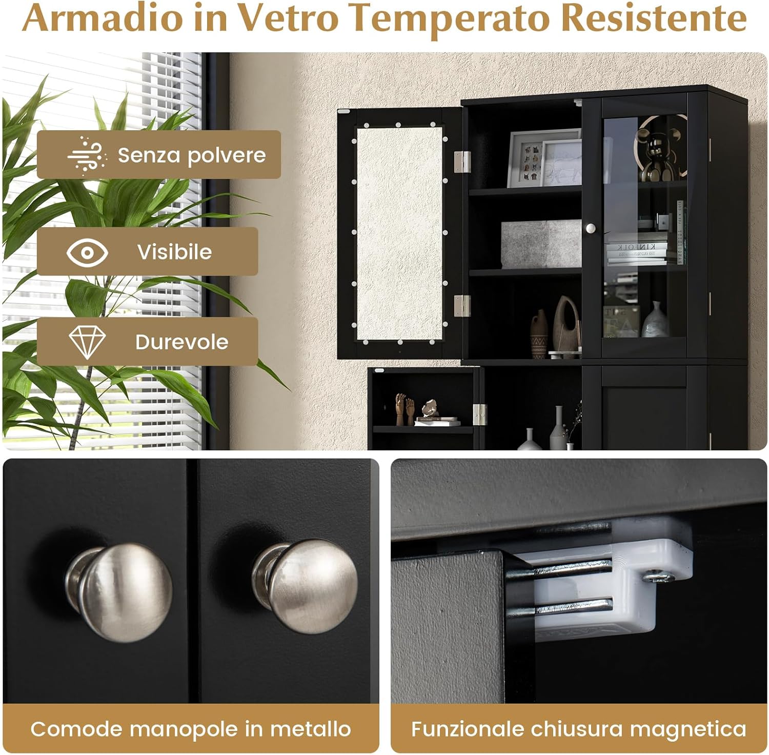 Credenza da Cucina, Dispensa da Cucina con Doppia Porta in Vetro Temperato, Design Antiribaltamento, Ideale per Soggiorno Sala da Pranzo e Cucina, 60x31,5x161,5 cm (Nero)