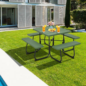 Set Tavolo da Picnic Quadrato con Panche per 8 Persone, Tavolo da Picnic con 4 Panche e Foro per Ombrellone, con Telaio in Metallo, Ogni Panca Portata 225 kg, per Giardino, Cortile (Verde)