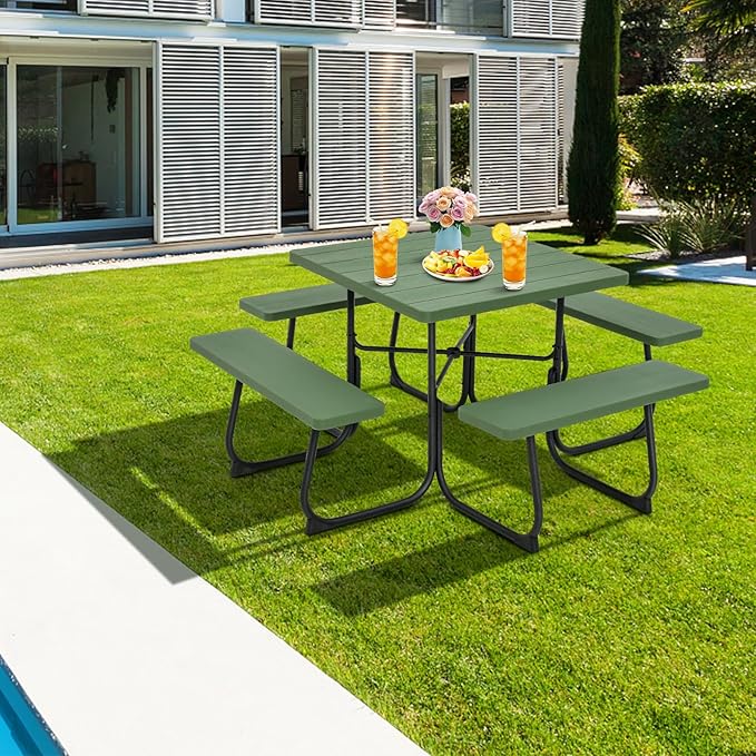 Set Tavolo da Picnic Quadrato con Panche per 8 Persone, Tavolo da Picnic con 4 Panche e Foro per Ombrellone, con Telaio in Metallo, Ogni Panca Portata 225 kg, per Giardino, Cortile (Verde)