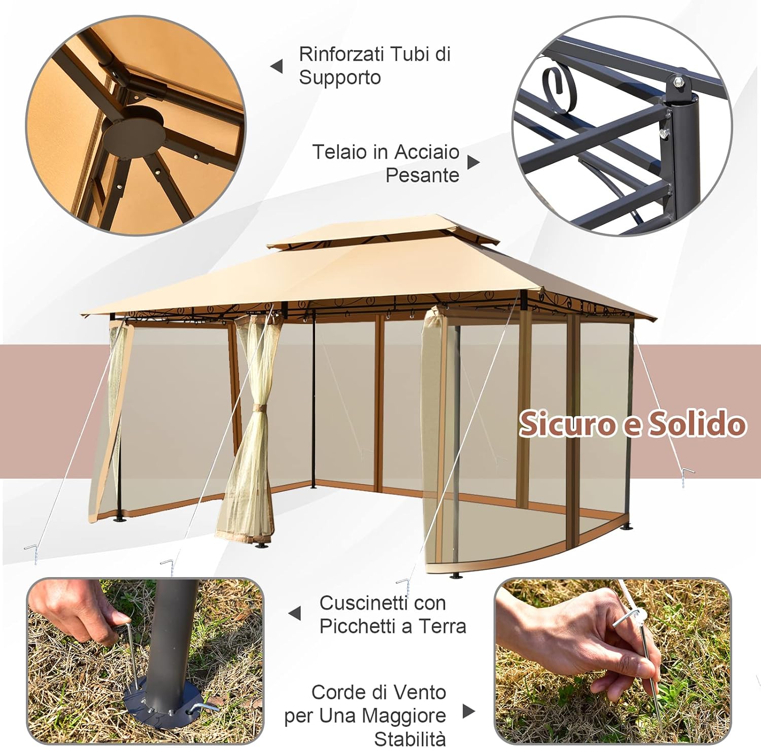 Gazebo da Giardino 3,9 x 2,9 M, Gazebo da Esterno con rete rimovibile e doppi tetti, struttura in acciaio, ideale per Feste, Barbecue, Giardino (marrone chiaro)
