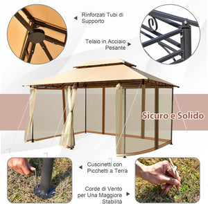 Gazebo da Giardino 3,9 x 2,9 M, Gazebo da Esterno con rete rimovibile e doppi tetti, struttura in acciaio, ideale per Feste, Barbecue, Giardino (marrone chiaro)