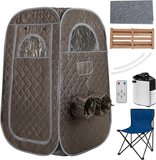 Sauna a Vapore Portatile 3L, Sauna da Casa con 9 Livelli di Regolazione della Temperatura da 40-65℃, Telecomando, Sedia Pieghevole e Massaggiatore per Piedi in Legno (Grigio)