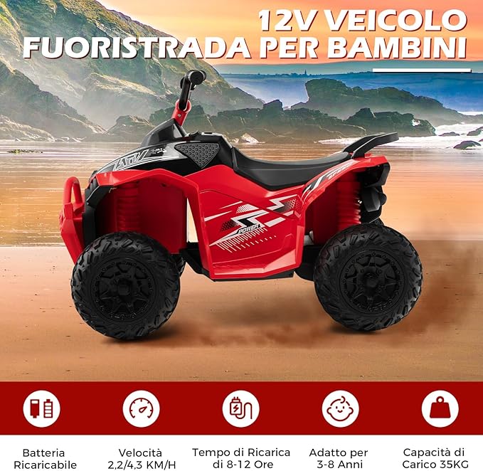 12V Quad Elettrico per Bambini, Macchina Elettrica con Velocità Alta/Bassa, Sedile Comodo Fari Corno e Musica, Auto Elettrica Cavalcabile 2,2/4,3 km/h (Rosso)