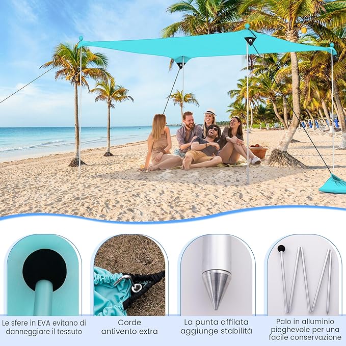 Tenda da Spiaggia Portatile, Tenda Protezione dai Raggi UV, con 4 Sacchetti di Sabbia, Borsa per il Trasporto, Parasole per 4-8 Persone, 300 x 300 x 200 cm (Verde)