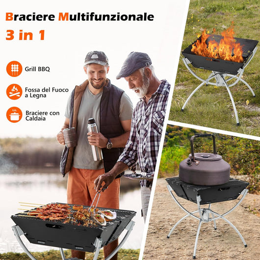 Griglia Barbecue da Campeggio, Barbecue Pieghevole Portatile 3 in 1 con Griglie in Acciaio Inossidabile, per Picnic, Campeggio, Cortile e Patio
