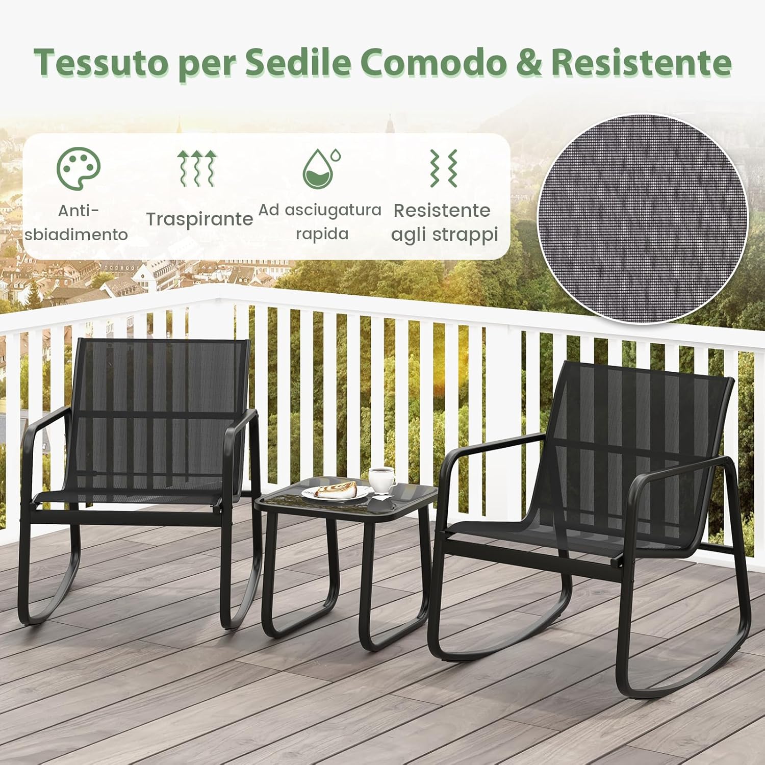 Set Tavolino e Sedie da Giardino, Set di Mobili a Dondolo, Set Bistrò 3 Pezzi, Tavolino in Vetro Temperato, Sedie in Textilene, per Giardino Cortile Piscina (Nero)