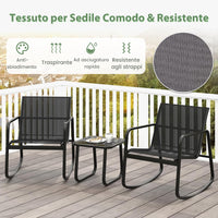 Set Tavolino e Sedie da Giardino, Set di Mobili a Dondolo, Set Bistrò 3 Pezzi, Tavolino in Vetro Temperato, Sedie in Textilene, per Giardino Cortile Piscina (Nero)