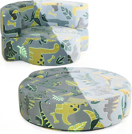Divano Cuscino per Bambini Pieghevole 2 in 1, Poltrona Schienale Pieghevole per Bambini con Motivi Luminosi nel Buio, Divano Pieghevole per Camera da Letto e Soggiorno (Dinosauro blu)