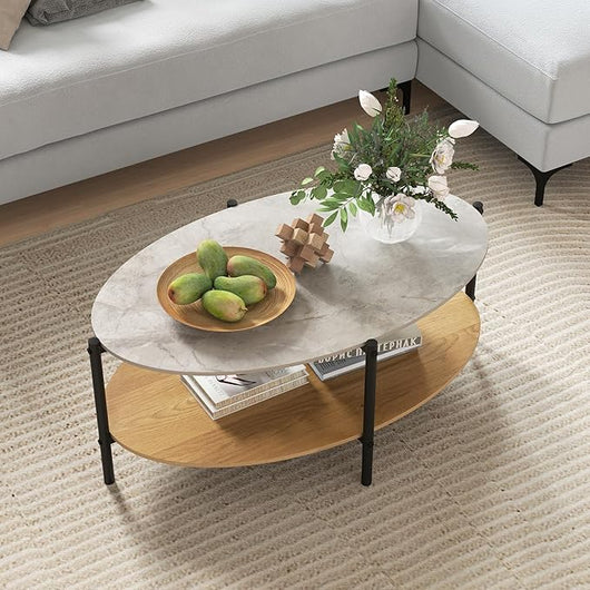 Tavolino da Caffè Ovale a 2 Livelli con Piano in Pietra, Tavolo da Caffè con Struttura in Metallo e Ripiano Aperto, Tavolino per Soggiorno o Sala d'Attesa