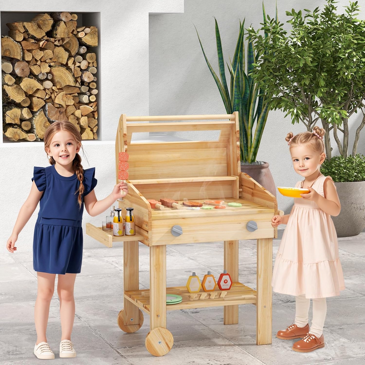 Barbecue Giocattolo per Giardino in Legno di Abete, Griglia Carrello Bambini con Cibo, Set Cucina Giocattolo con 25 Accessori BBQ, 53 x 36 x 63 cm, per Bambini 3+ Anni