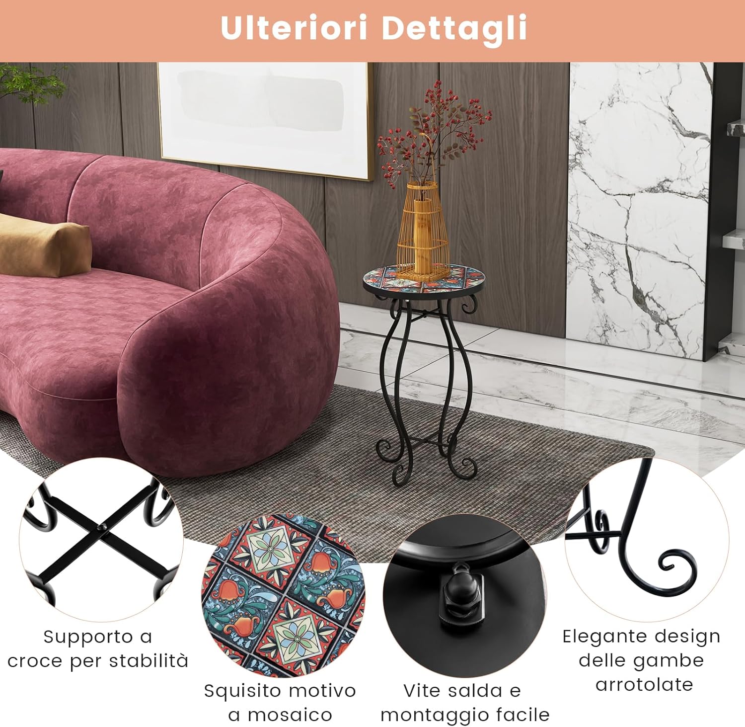 Tavolino per Esterno ed Interno, Tavolino Rotondo con Piano in Piastrelle di Ceramica e Attraenti Motivi, Tavolino Porta Piant per Cortile, Giardino e Salotto