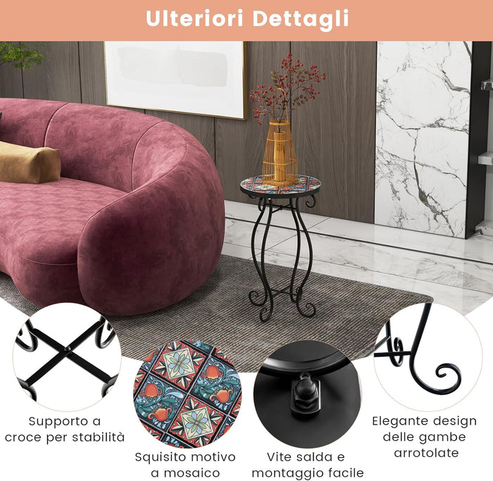 Tavolino per Esterno ed Interno, Tavolino Rotondo con Piano in Piastrelle di Ceramica e Attraenti Motivi, Tavolino Porta Piant per Cortile, Giardino e Salotto