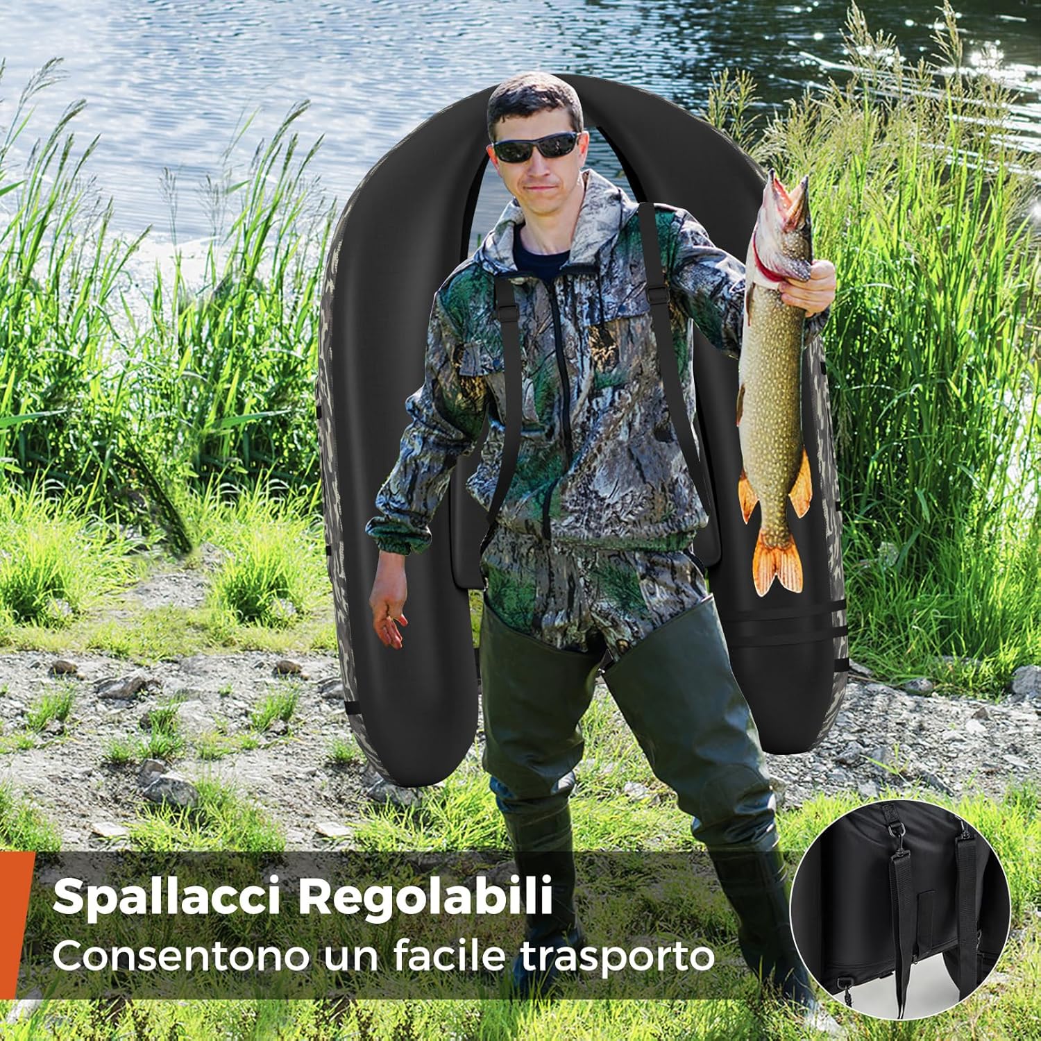 Belly Boat da Pesca Portatile, Gommone Gonfiabile da Pesca con Porta Canne Regolabile, Pompa, Pagaia in Alluminio, Spallacci e Kit di Riparazione, Barca da Mare con 2 Pinne, capacità 160kg