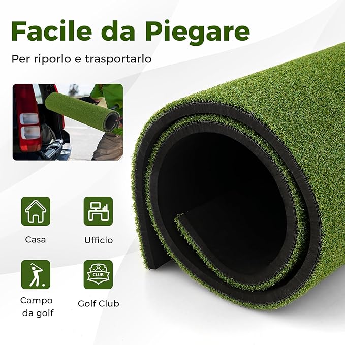 Tappeto da Allenamento Golf 3-in-1, Tappetino da Allenamento in Erba Sintetica con 2 Punte da Golf, 2 Aste di Allineamento e 3 Fori Preforati per le Punte