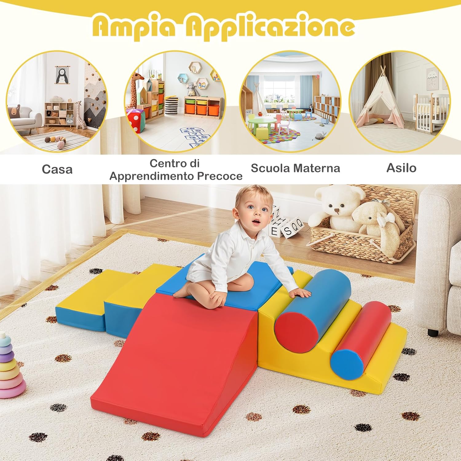 Set di Blocchi da Arrampicata in Schiuma per Bambini, Set di 7 Pezzi per Gioco Morbido con Chiusure a Strappo per Gattonare, Gioco Attivo, Sviluppo Motorio e Sensorialei