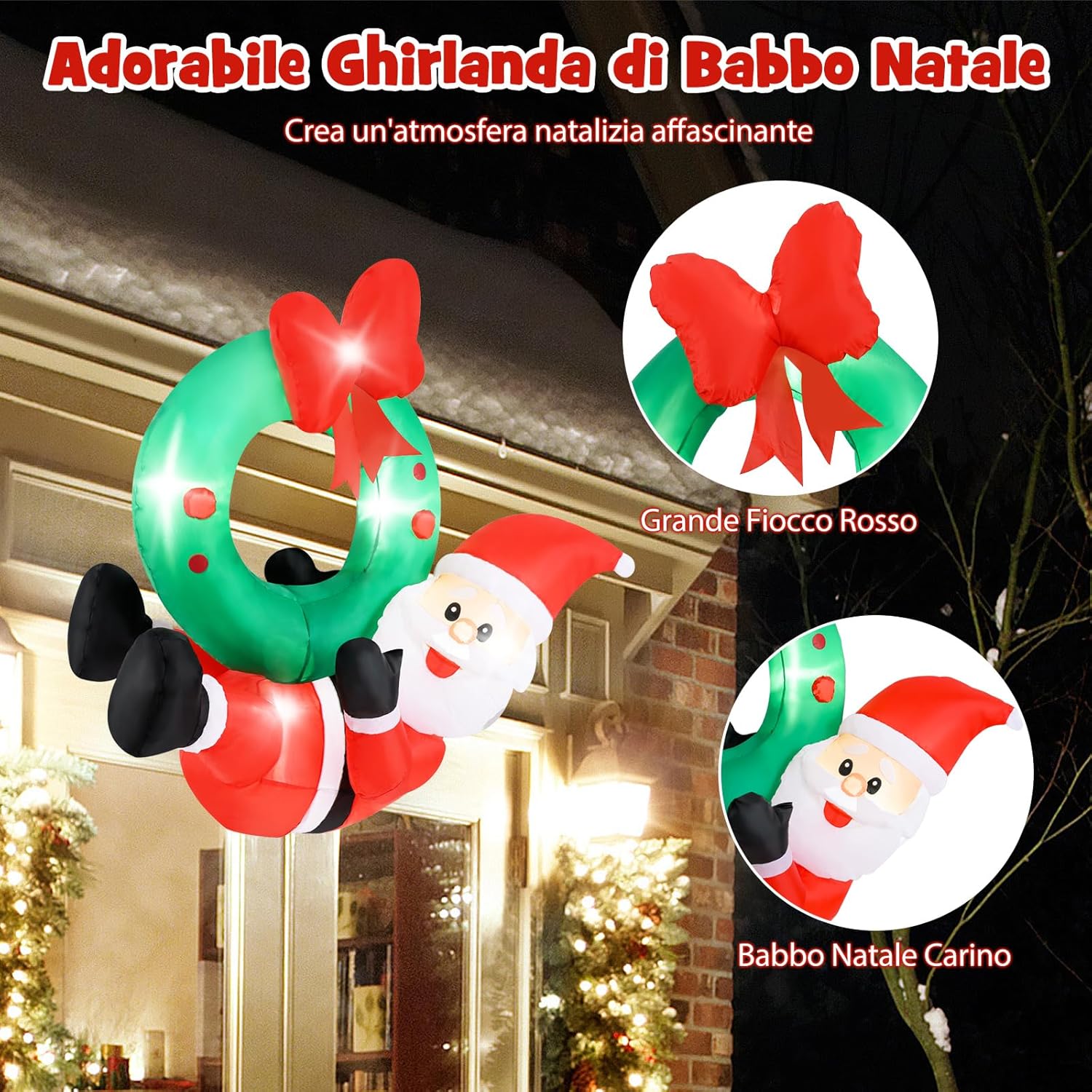 Decorazione Gonfiabile di Natale 120 CM, Babbo Natale Illuminato e Corona con Fiocco Rosso, 5 Luci LED, Soffiatore e 2 Corde, per Prato, Casa, Festa