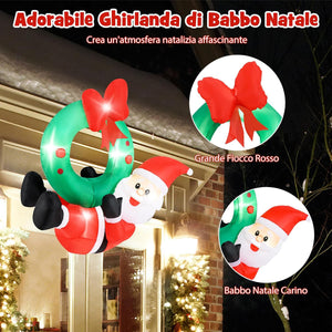 Decorazione Gonfiabile di Natale 120 CM, Babbo Natale Illuminato e Corona con Fiocco Rosso, 5 Luci LED, Soffiatore e 2 Corde, per Prato, Casa, Festa