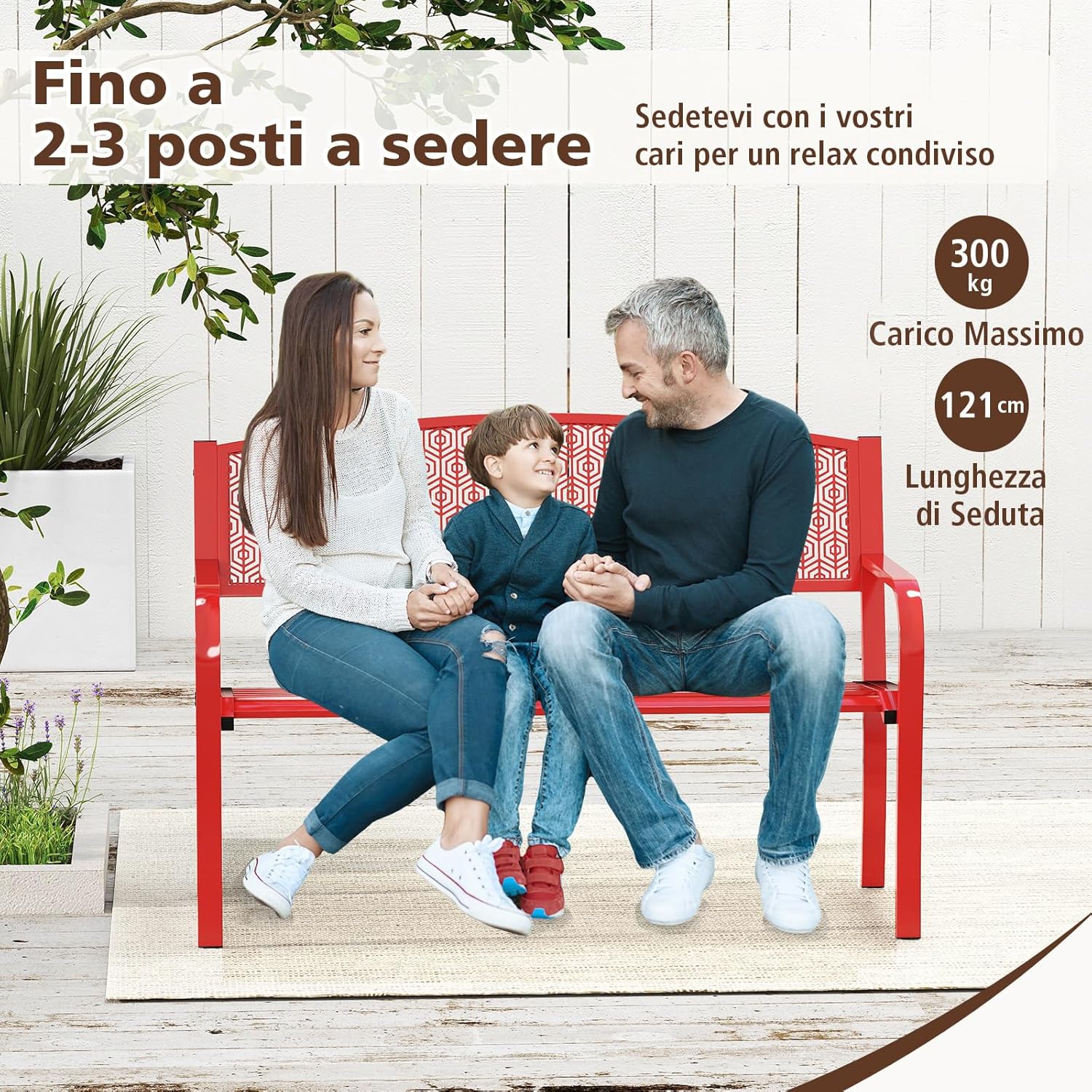 Panca da Esterno 2-3 Posti 128 cm, Panca in Metallo con Braccioli Curvi e Schienale alla Moda, Panchina Moderna in Metallo per Parco, Cortile e Giardino (Rosso, 128 x 60 x 86.5 cm)