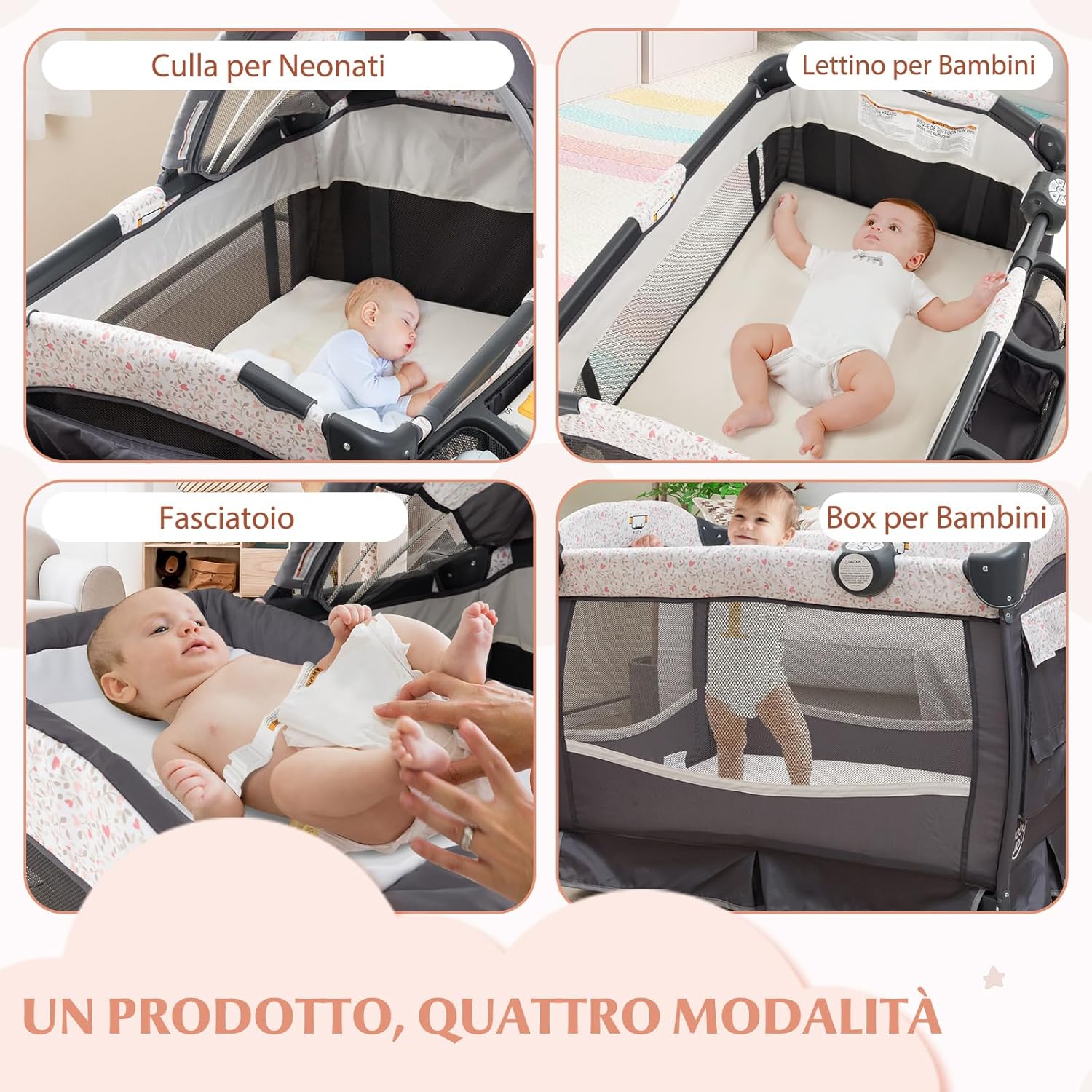 4 in 1 Lettino da Campeggio con Fasciatoio, Lettino Pieghevole per Bambini con Materasso, Centro Neonati con Culla, Box Musicale, Cappottina Regolabile, Borsa da Viaggio (Fiore Piccolo)