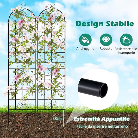 Traliccio da Giardino in Metallo 220 x 50 CM, Set di 2 Pannelli di Recinzione da Esterno per Piante Rampicanti, Decorazione Esterna per Giardino, Cortile e Patio