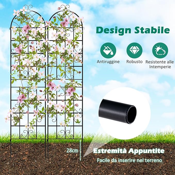 Traliccio da Giardino in Metallo 220 x 50 CM, Set di 2 Pannelli di Recinzione da Esterno per Piante Rampicanti, Decorazione Esterna per Giardino, Cortile e Patio