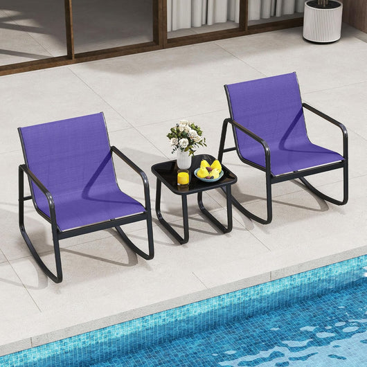 Soggiorno da giardino per 2 persone in tessuto traspirante, tavolo da giardino all'aperto con 2 sedie a dondolo, tavolino da caffè in vetro, gambe regolabili, per balcone (Blu)