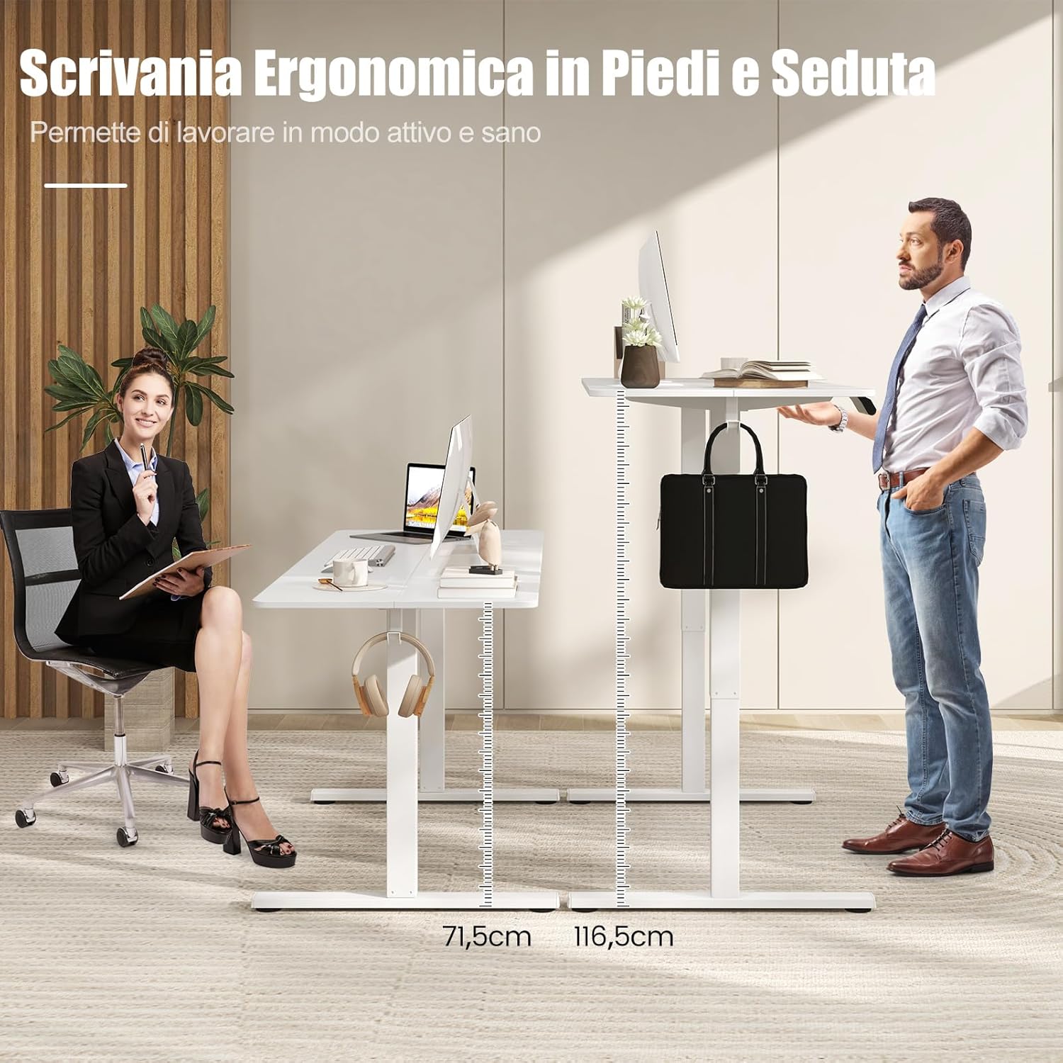 Scrivania Regolabile in Altezza 160 x 60 cm, Scrivania Elettrica con Pannello Smart Anticollisione, Scrivania per Computer con 2 Fori per Cavi e 2 Ganci, per Ufficio e Studio, Bianco