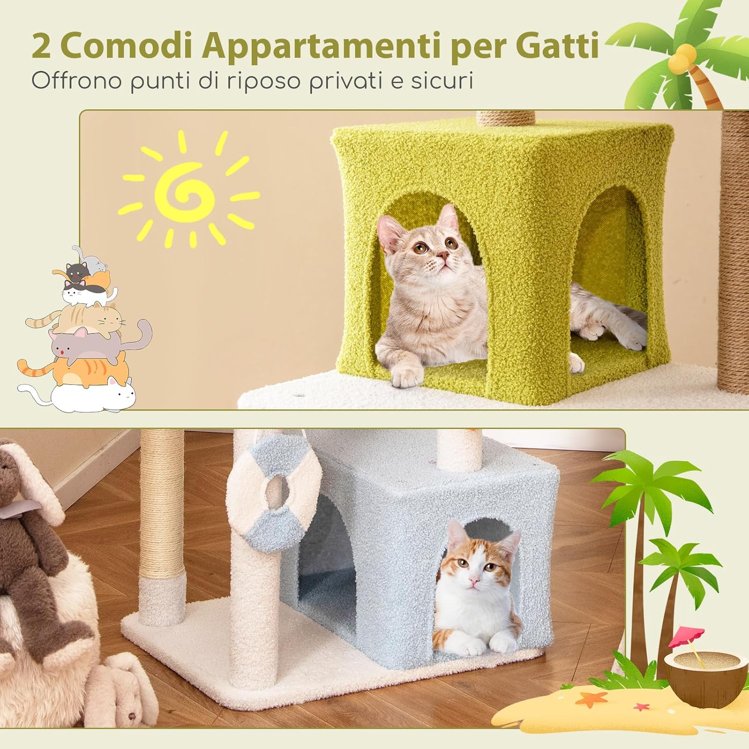 Tiragraffi per Gatto Alto 180 cm Stile Tropicale, Albero Tiragraffi Gatti con Pali con Corda in Juta, Piattaforme, 2 Grotte e Pompon, Torre Gatto Rivestito in Peluche, Blu e Verde