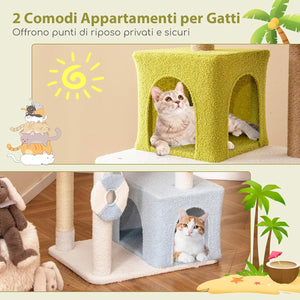 Tiragraffi per Gatto Alto 180 cm Stile Tropicale, Albero Tiragraffi Gatti con Pali con Corda in Juta, Piattaforme, 2 Grotte e Pompon, Torre Gatto Rivestito in Peluche, Blu e Verde