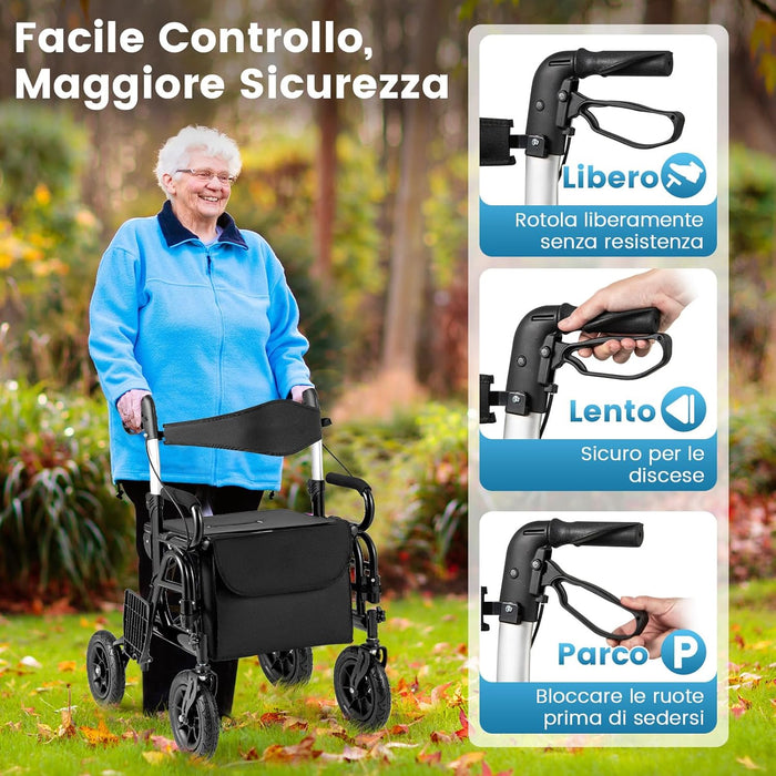 2 in 1 Deambulatore Pieghevole e Sedie a Rotelle per Anziani in Alluminio, Rollator Altezza Regolabile con Seduta e Freni, Girello per Anziani con Ruote Robuste, Carico Massimo 140 kg (Nero)